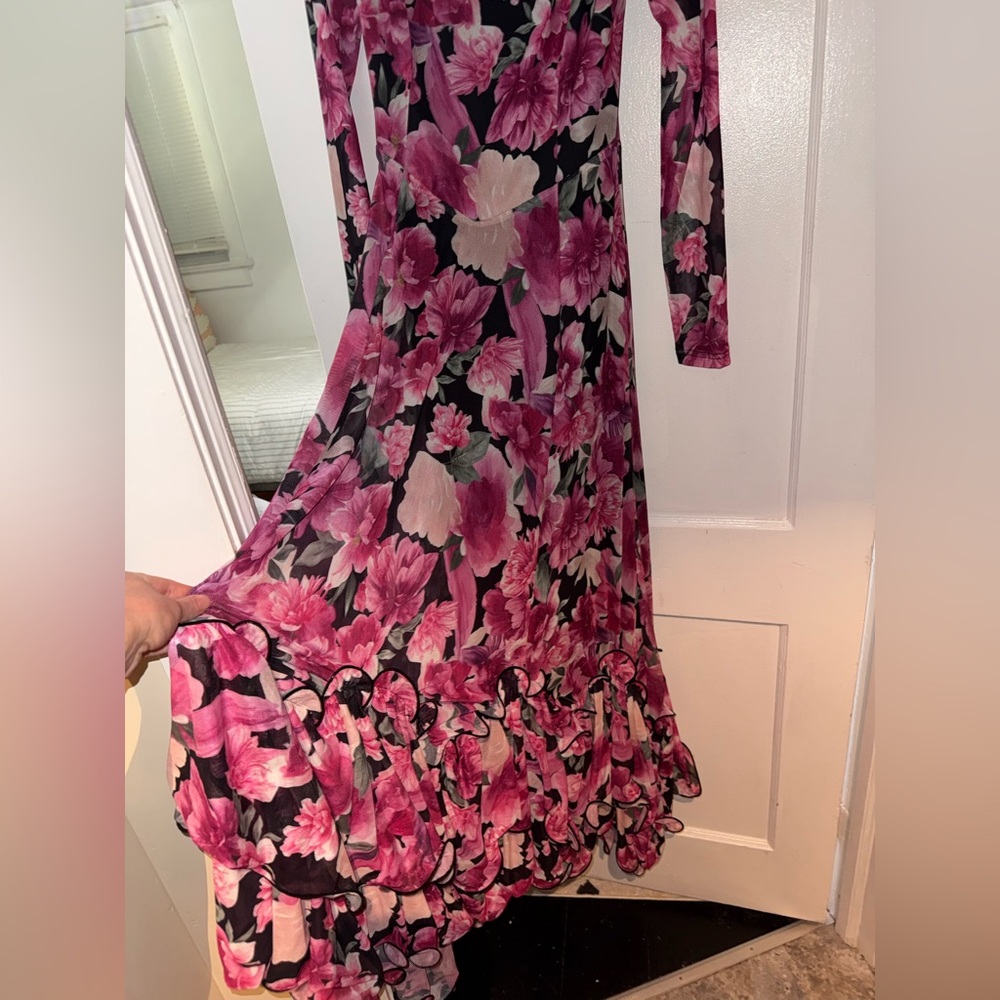 Lulus Emilina Black And Magenta Floral Mock Neck Maxi Dress - Size L - Picture 3 of 5